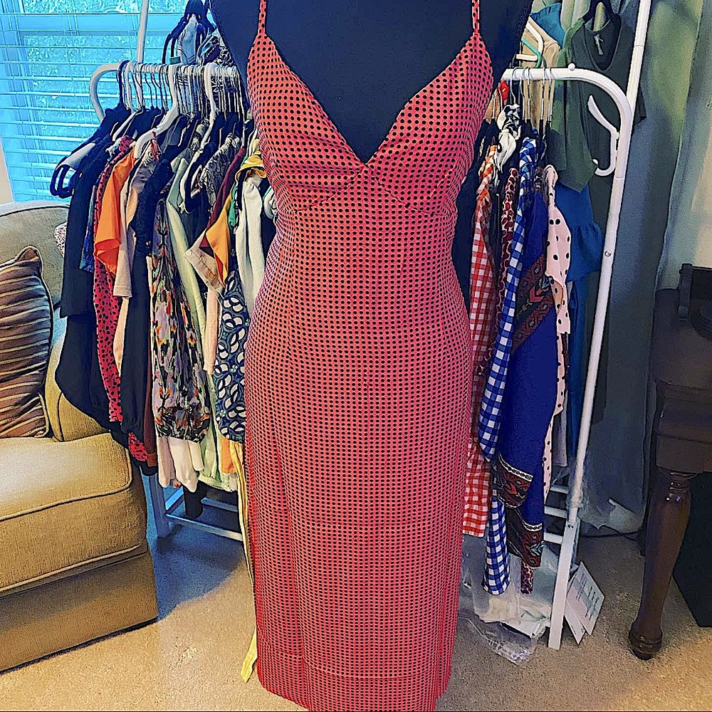 Pink and black polka dot midi dress
